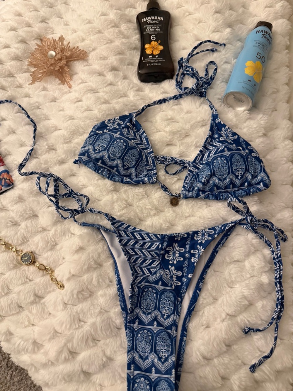 Blue Patterned Tie-Side Girl One-Piece Swimwear